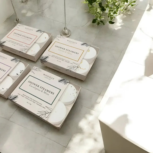 Packaged shower steamers with bright energizing and sinus clearing blends in a gift set