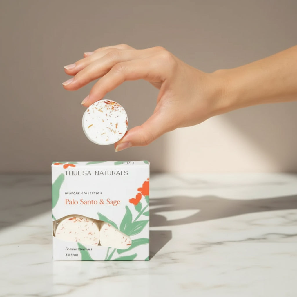 White and green Palo Santo + Sage shower steamers, 4-pack gift set