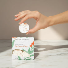 White and green Palo Santo + Sage shower steamers, 4-pack gift set