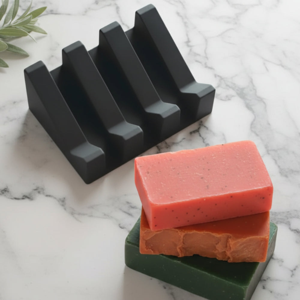 Black matte silicone soap dish with geometric angular slots