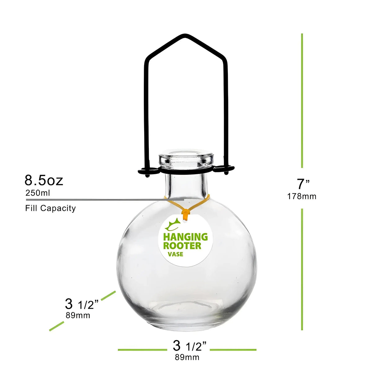 Small hanging recycled glass ball rooting vase with black metal hanger