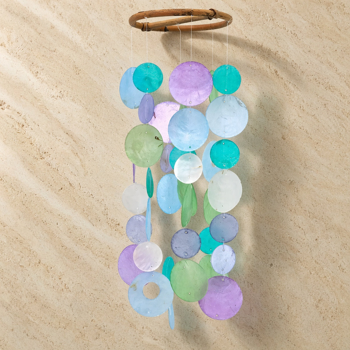 Small round capiz chime in blues purples and green handmade eco-friendly shell wind chime with bamboo hoop