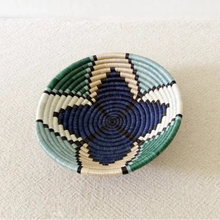 Small star sisal bowl handwoven african basket with navy blue teal green cream black geometric patterns and no hanging loop