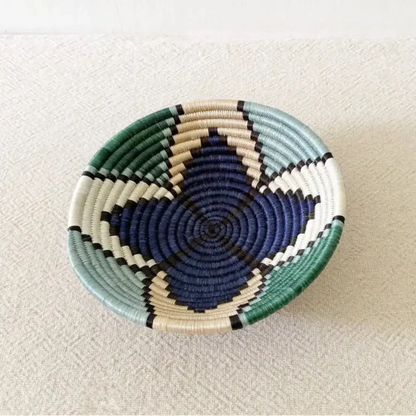 Small star sisal bowl handwoven african basket with navy blue teal green cream black geometric patterns and no hanging loop