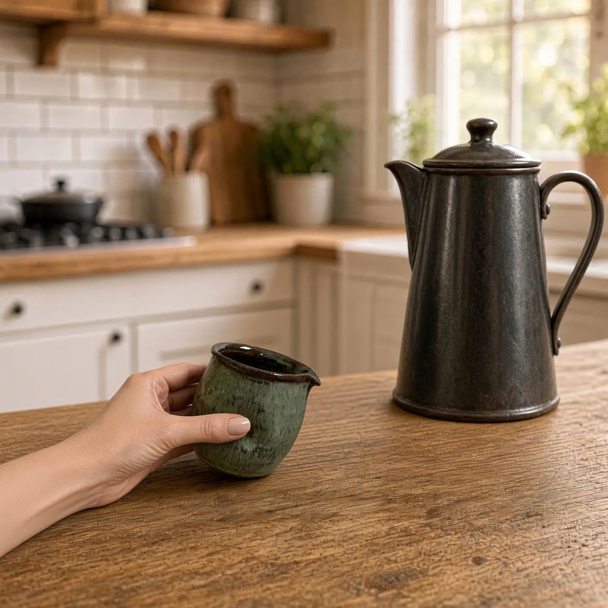 A hand holds a small green divot handmade pitcher with dark rim perfect for pouring cream without awkward grip