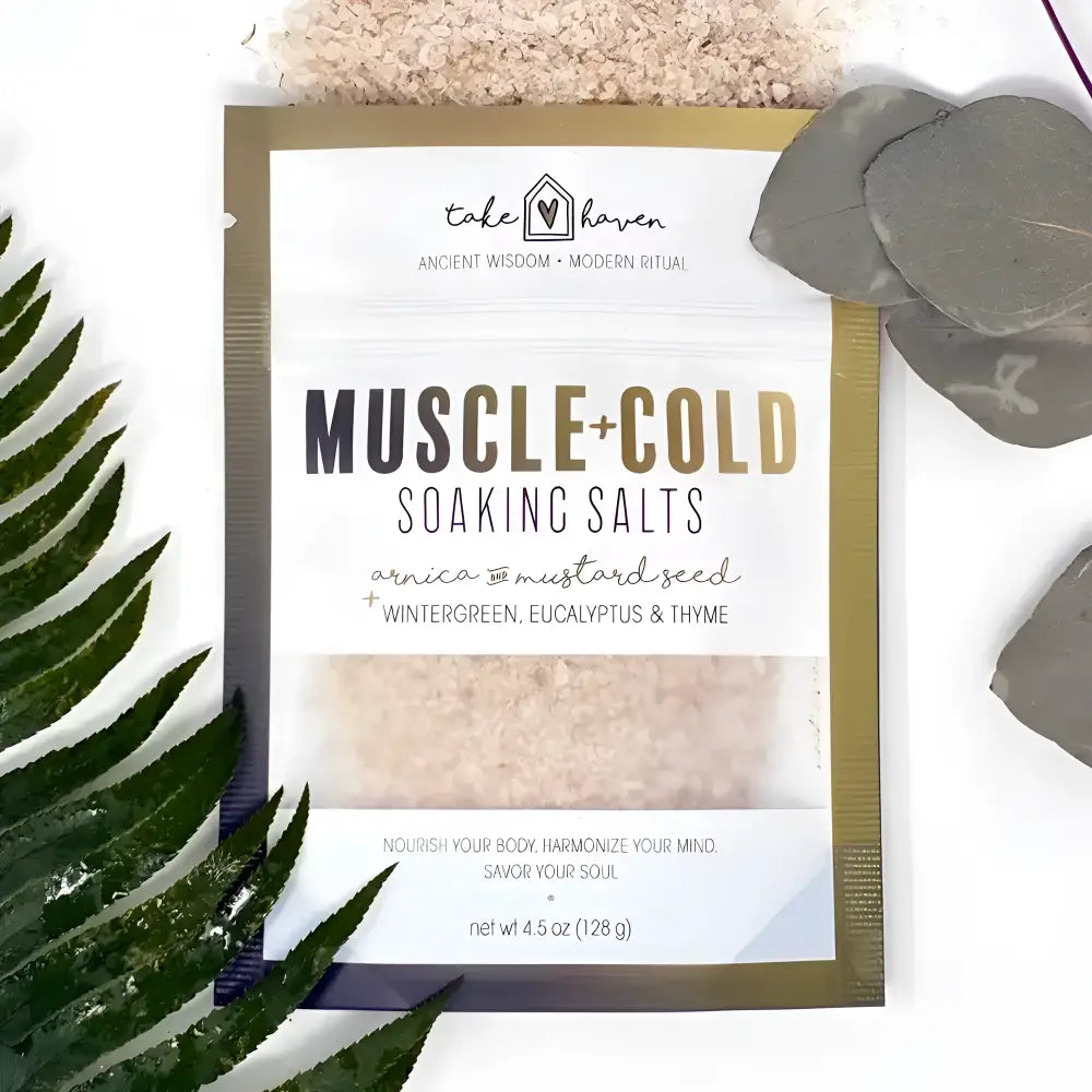 Take haven soaking salts pouch in white and gold with mustard seed and essential oils for muscle relief in western herbalism