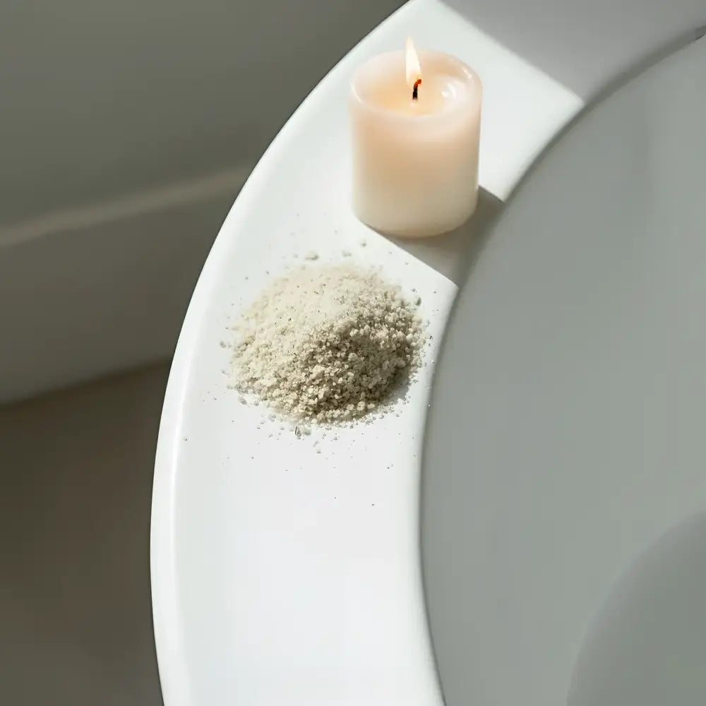 A lit pale pink candle next to light gray soaking salts with mustard seed and essential oils for daily care