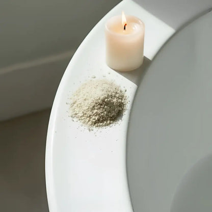 A lit pale pink candle next to light gray soaking salts with mustard seed and essential oils for daily care