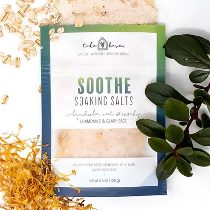 Take haven soaking salts to soothe with chamomile clary sage rosehip oat calendula featuring essential oils for western herbalism