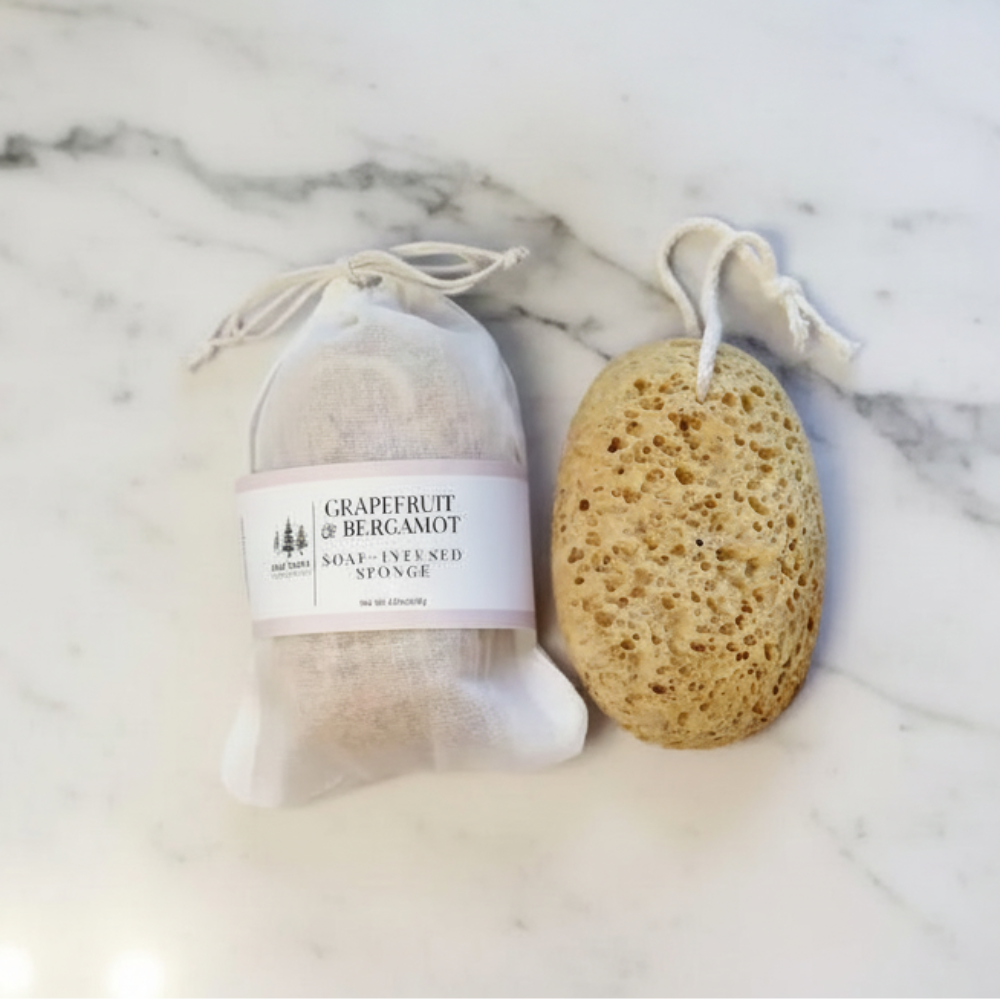 Handmade eco-friendly soap infused beige loofah sponge with hanging loop