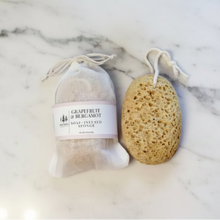 Handmade eco-friendly soap infused beige loofah sponge with hanging loop