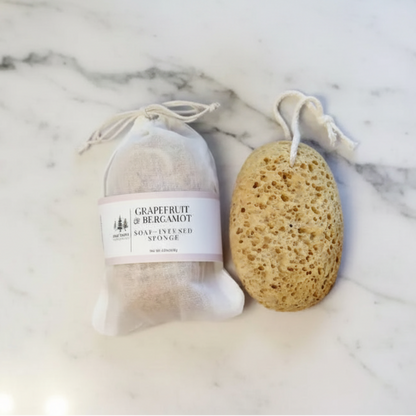 Handmade eco-friendly soap infused beige loofah sponge with hanging loop