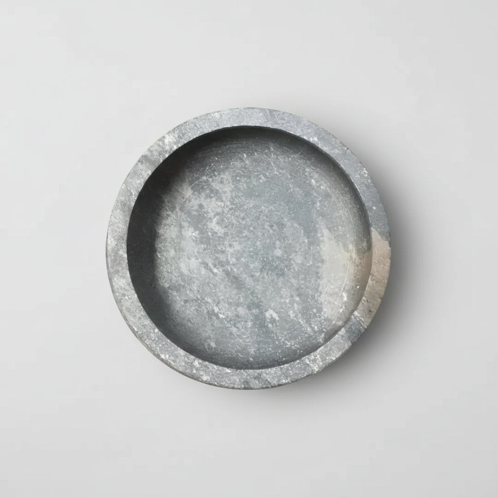 Handmade eco-friendly soapstone bowl with gray stone and white veining