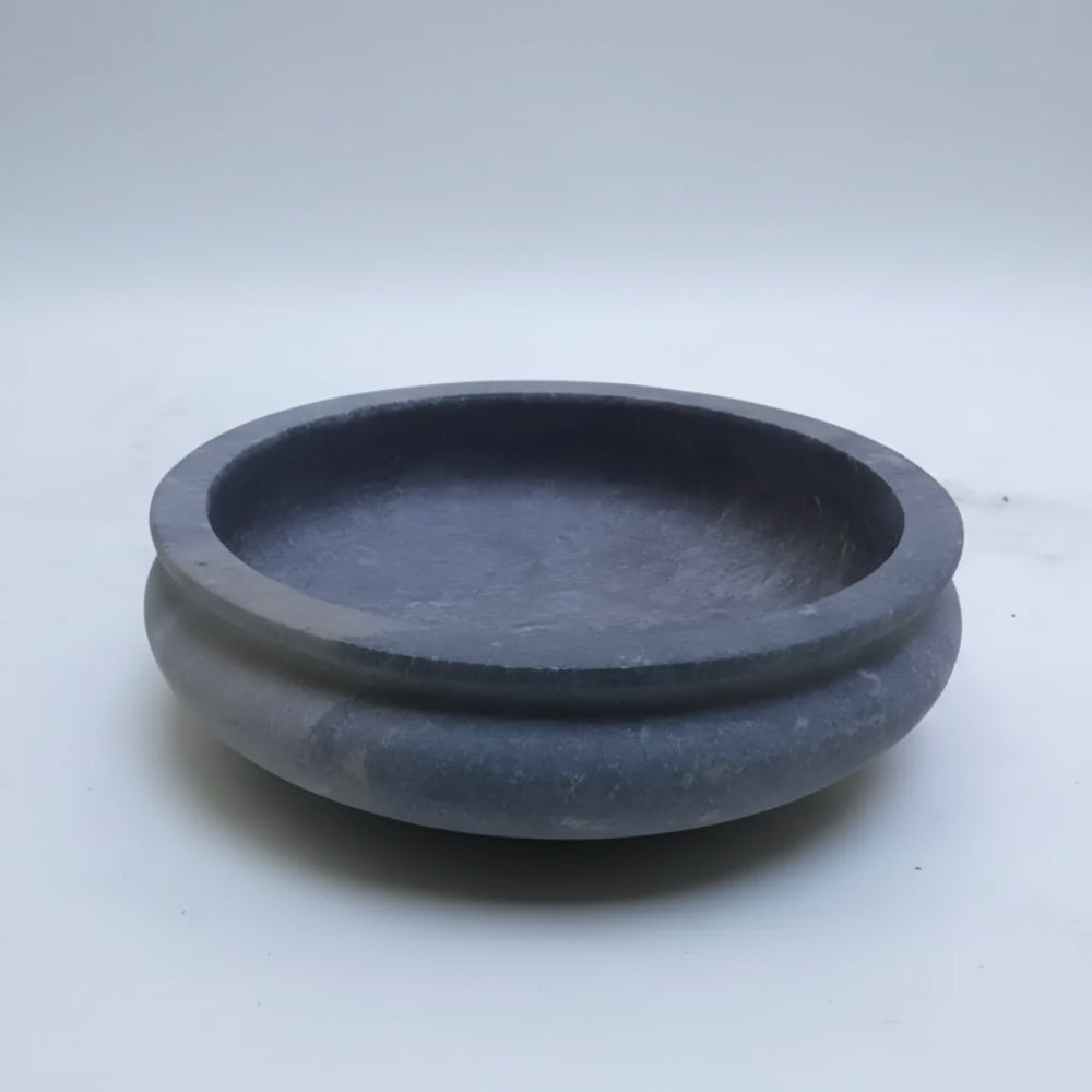 Handmade eco-friendly soapstone bowl, 6 inch shallow dark gray with ridges