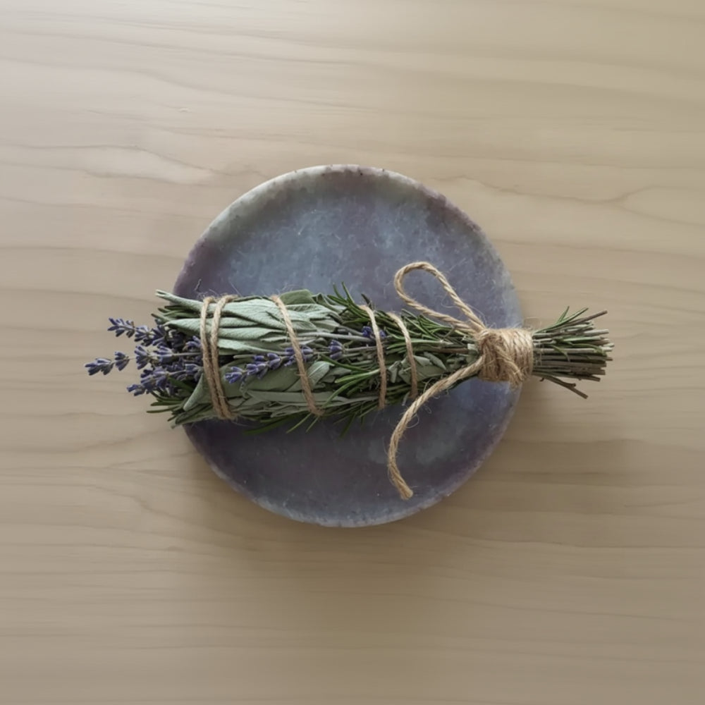 Handmade soapstone round plate 6-inch set of 2 with purple gray glaze