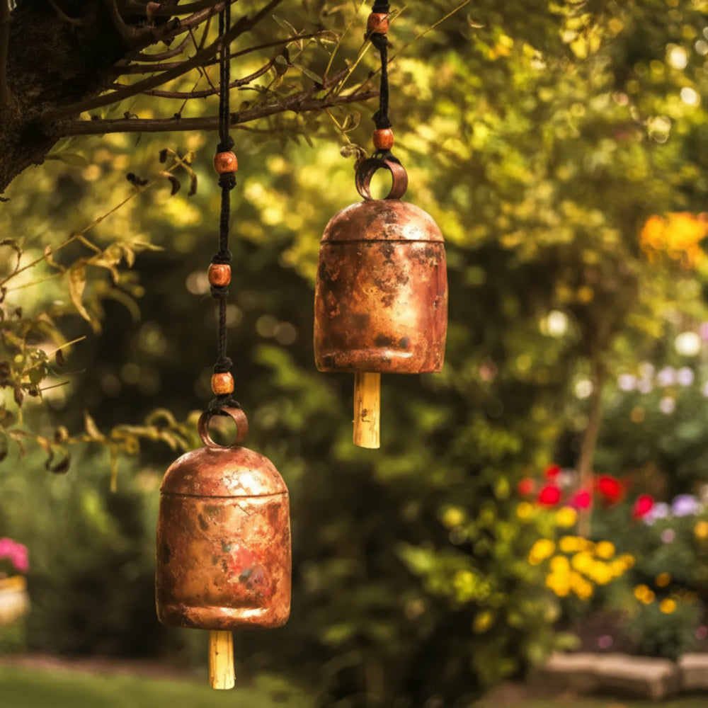 Rustic handmade Solo Bell Large #10 with copper patina, wooden beads