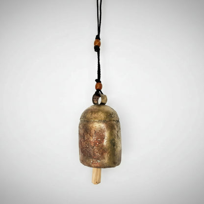 Handmade Solo Bell Large #10: antique brass with patina, amber and wooden beads