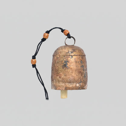 Large antique brass cowbell with black beaded strap and wooden beads, handmade Solo Bell #10