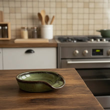 Handcrafted eco-friendly green brown ceramic spoon rest with glossy glaze