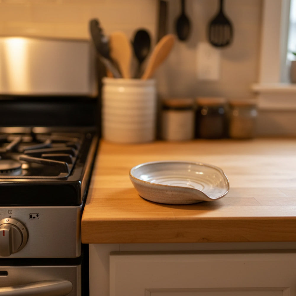 Handmade light gray ceramic spoon rest with spiral pattern