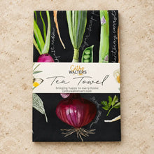 Black spring veggies tea towel with watercolor veggies and handwritten labels made from premium cotton