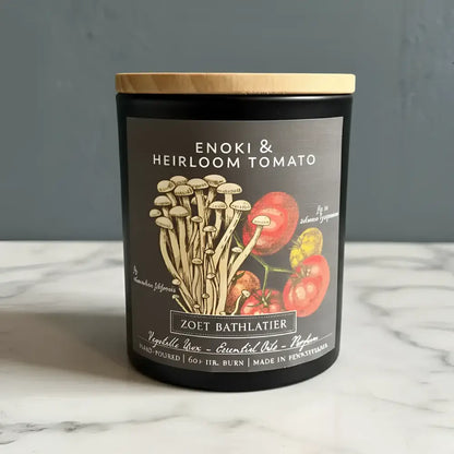 Handcrafted black glass candle jar with wood lid, Enoki & heirloom tomato label by Zoet Bathlatier