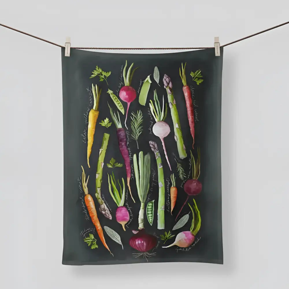 Handcrafted dark green Spring Veggies kitchen towel with veggies