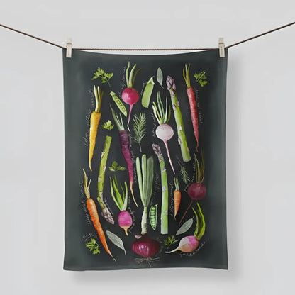 Handcrafted dark green Spring Veggies kitchen towel with veggies