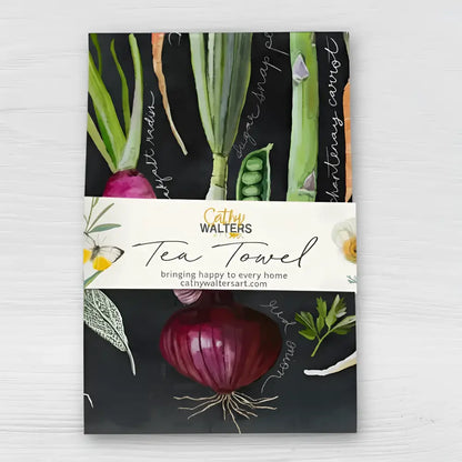 Handmade Spring Veggies tea towel with watercolor veggies and labels