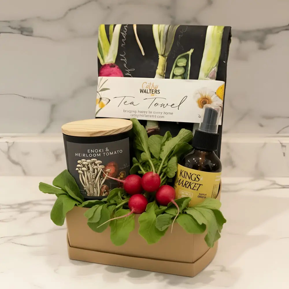 Handmade Cally Walters tea towel in Spring Veggies eco-friendly gift set