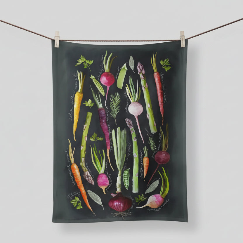 Spring veggies tea towel with colorful watercolor veggies illustration
