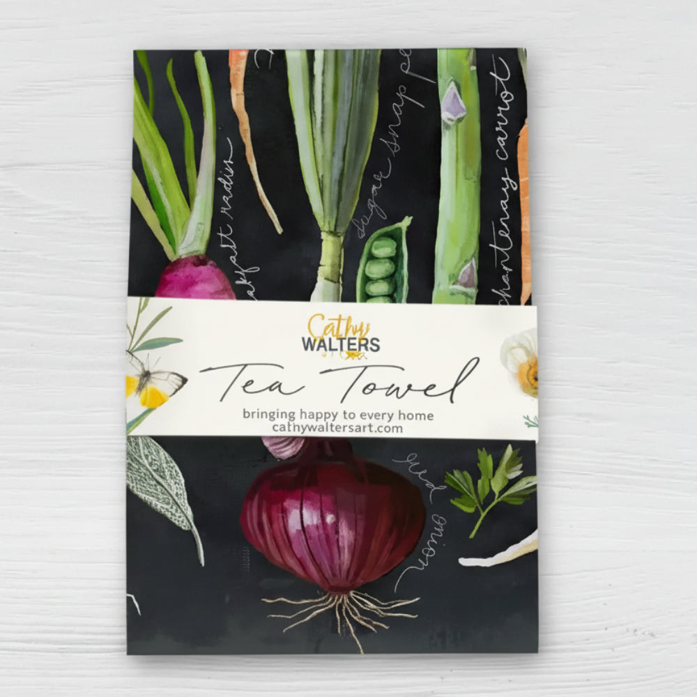 Spring veggies tea towel with watercolor onions, carrots, peas and Cathy Walters gold branding