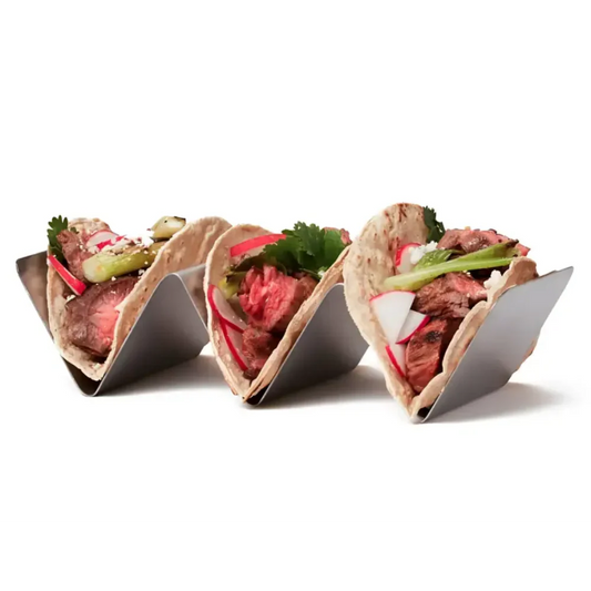 Stainless Steel Upright Taco Rack filled with tacos on a white background