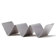 Silver-colored steel upright taco rack with three slots for serving tacos