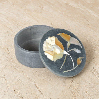 Dark gray palewa stone bloom box trinket box with delicate mother-of-pearl floral inlay and gold-toned tara projects accents