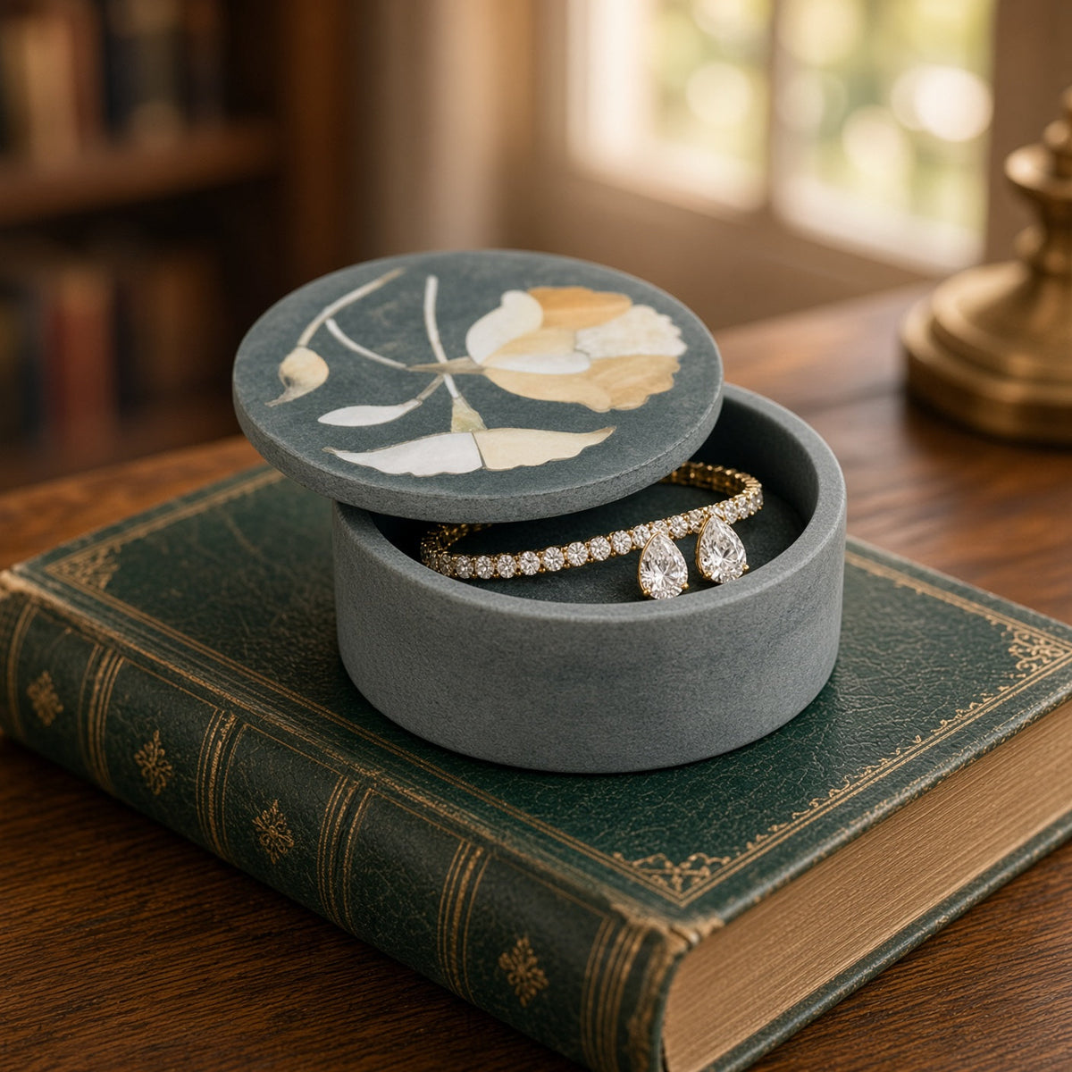 Gray stone jewelry box with bloom inlay floral design made from palewa stone by tara projects