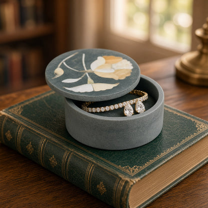 Gray stone jewelry box with bloom inlay floral design made from palewa stone by tara projects