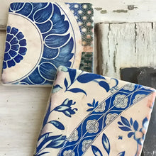 Vintage blue tile ceramic coasters with cobalt coaster features and tumbled marble tiles style