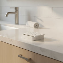 Handcrafted eco-friendly white marble soap dish with gray veining and perforated lid