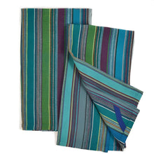Two striped handwoven kitchen towels in blue, green, purple with practical twill loop
