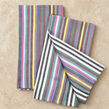 Two colorful striped handwoven kitchen towels in cotton with practical twill loop for hanging set of 2