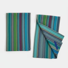 Two striped handwoven kitchen towels in blue, green, purple with practical twill loop
