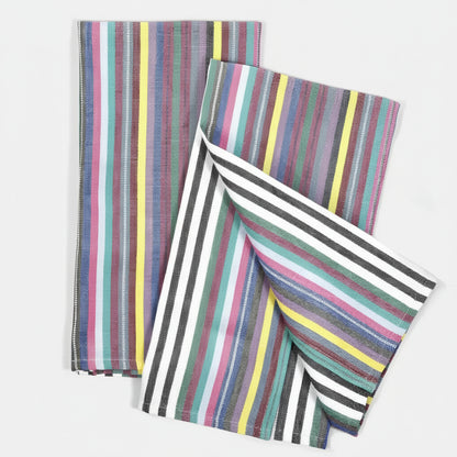 Colorful striped handwoven kitchen towel set with practical twill loop for easy drying