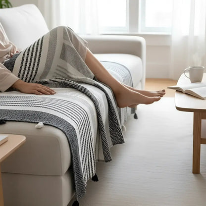 Cozy gray and white striped Turkish cotton blanket with pom pom tassels