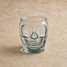 Clear glass sugar skull tumbler made from recycled glass with detailed embossed features 15 oz capacity