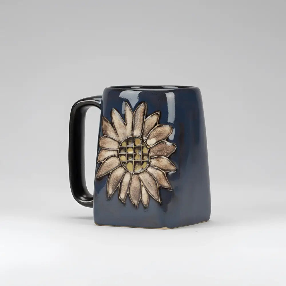 Hand-painted dark blue sunflower square mug by Mara Ceramica artisans