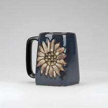 Hand-painted dark blue sunflower square mug by Mara Ceramica artisans