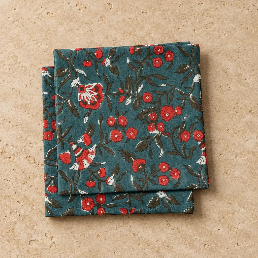 Teal and red hand block printed floral cotton napkins set of 4 made from organic cotton with vibrant pattern