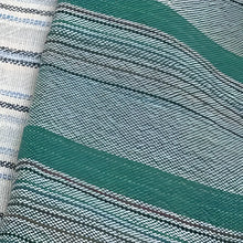 Two woven Turkish cotton hand towels, teal and cream with stripes, by Turkish artisans