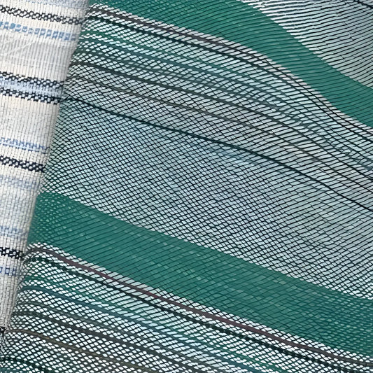 Two woven Turkish cotton hand towels, teal and cream with stripes, by Turkish artisans